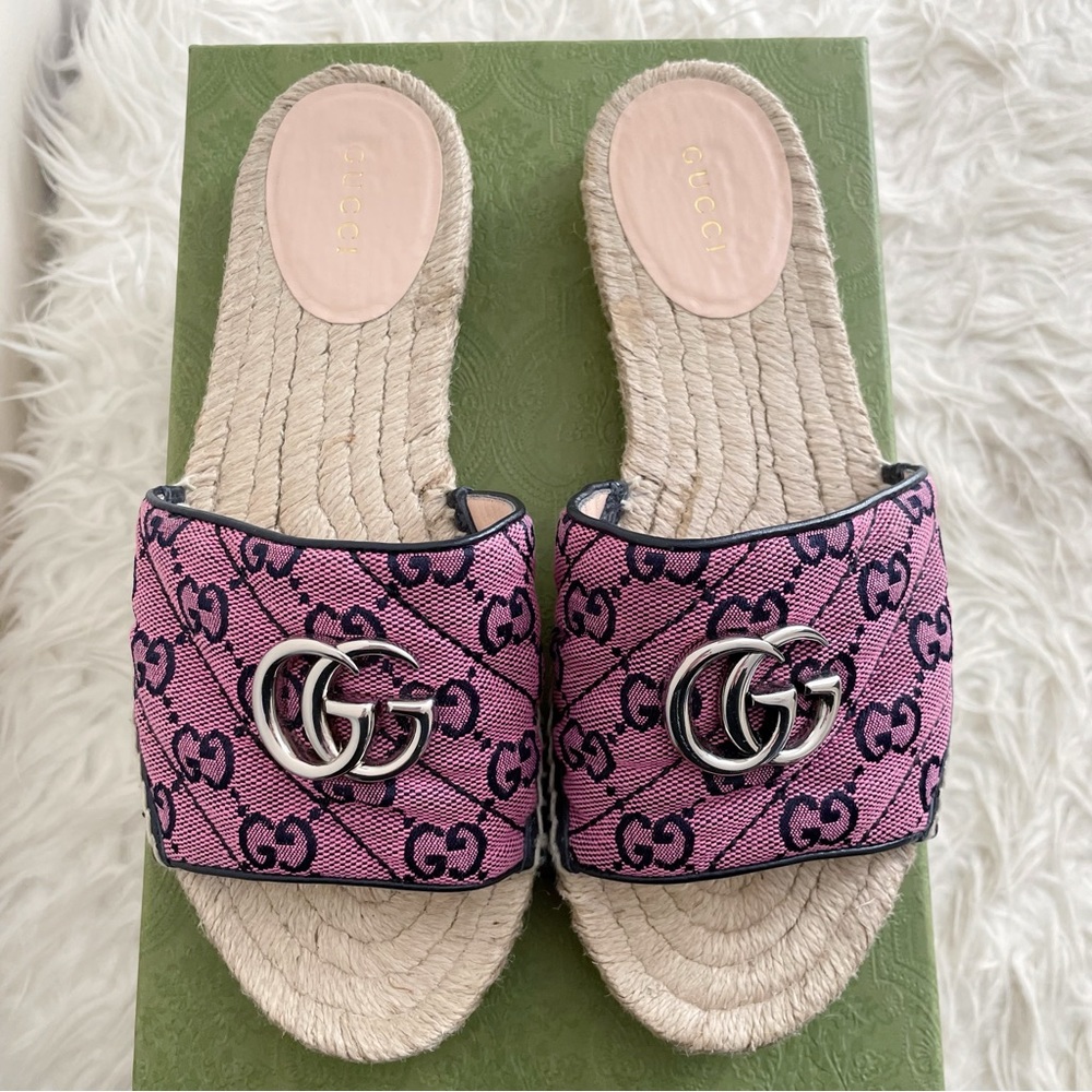 Gucci GG Multicolor Espadrille Slide Pink Canvas Sandal GG Supreme Marmont 37